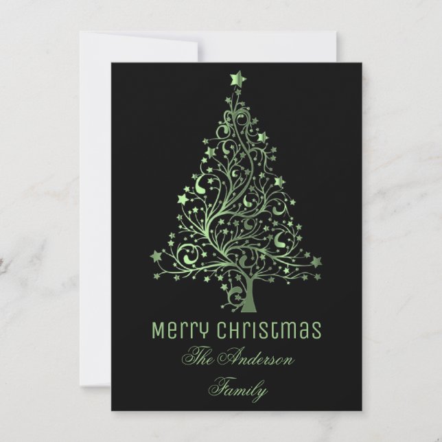Tarjeta Festiva Starry Christmas Tree Black Green Metallic Look (Anverso)