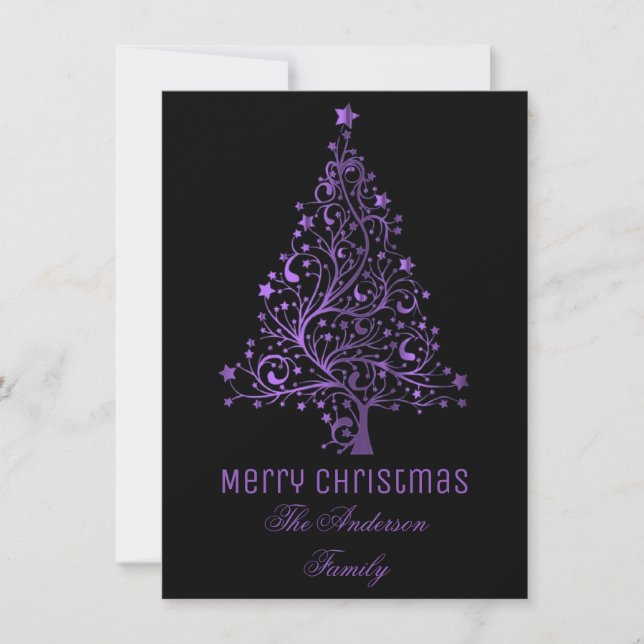 Tarjeta Festiva Starry Christmas Tree Black Purple Metallic Look (Anverso)