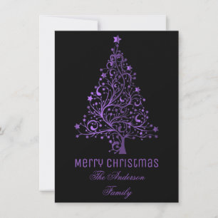 Tarjeta Festiva Starry Christmas Tree Black Purple Metallic Look