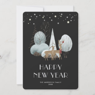 Tarjeta Festiva Starry Night Buck Doe Black New Year Card