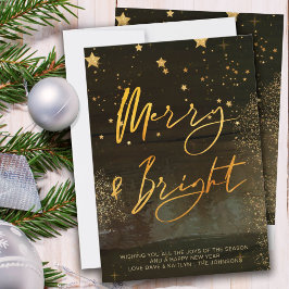 Tarjeta Festiva Starry Night Merry and Bright Gold Script