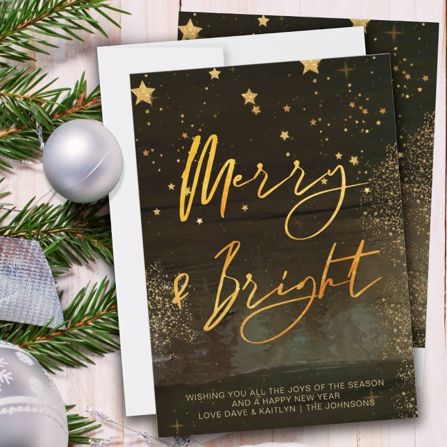 Tarjeta Festiva Starry Night Merry and Bright Gold Script (Subido por el creador)