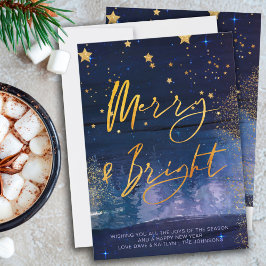 Tarjeta Festiva Starry Night Merry y Bright Blue and Gold