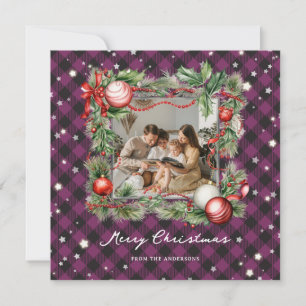 Tarjeta Festiva Starry Purple Plaid Photo Merry Christmas Card