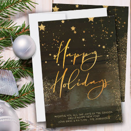 Tarjeta Festiva Starry Winter Night Happy Holidays Gold Script