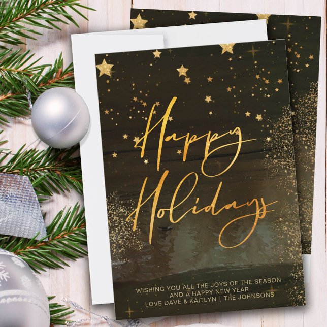 Tarjeta Festiva Starry Winter Night Happy Holidays Gold Script (Subido por el creador)