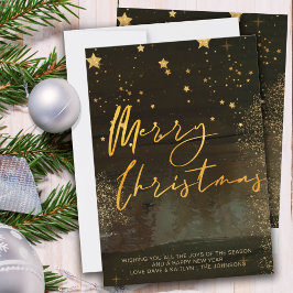 Tarjeta Festiva Starry Winter Night Merry Christmas Script Gold