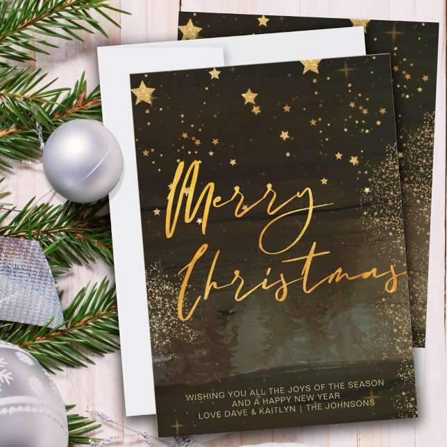 Tarjeta Festiva Starry Winter Night Merry Christmas Script Gold (Subido por el creador)