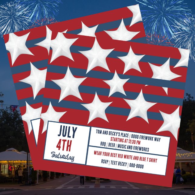 Tarjeta Festiva Stars Stripes Red White y Blue Julio 4 Fiesta (Big white stars with blue stripes and red background July 4th party invitation you customize. )