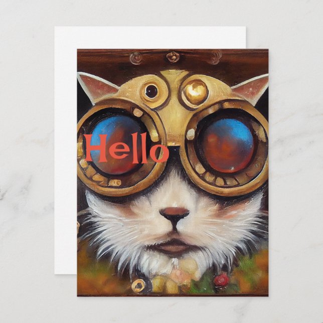 Tarjeta Festiva Steampunk Cat Notecard para saludar (Anverso / Reverso)