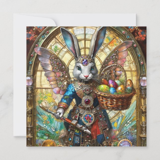 Tarjeta Festiva Steampunk Easter Bunny Warrior Angel (Anverso)