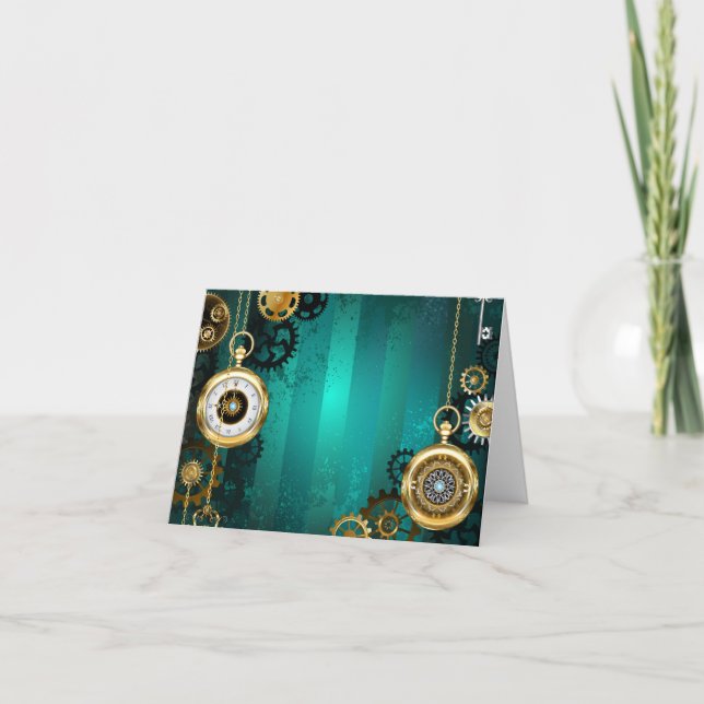Tarjeta Festiva Steampunk Jewelry Watch sobre un fondo verde (Anverso)