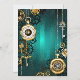 Tarjeta Festiva Steampunk Jewelry Watch sobre un fondo verde