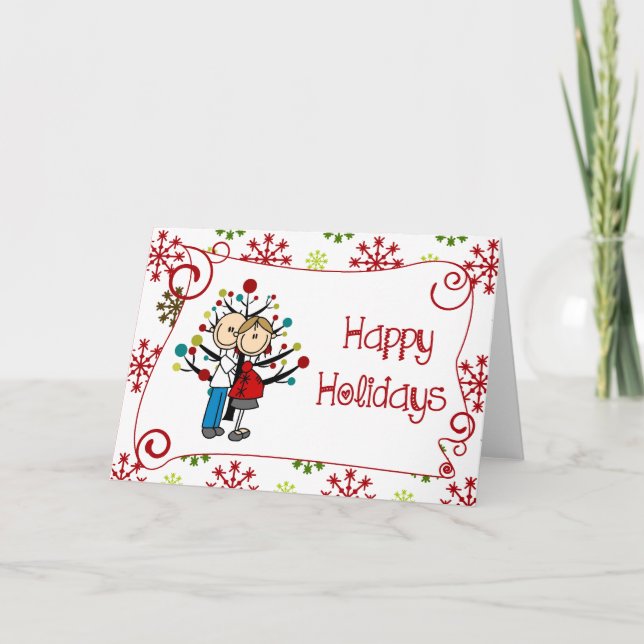 Tarjeta Festiva Stick Figure Expectant Couple Christmas Holiday (Anverso)