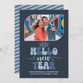 Tarjeta Festiva Storm Glow Hello New Year Blue Retro Photo