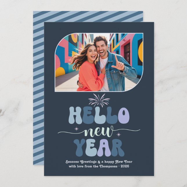 Tarjeta Festiva Storm Glow Hello New Year Blue Retro Photo (Anverso / Reverso)