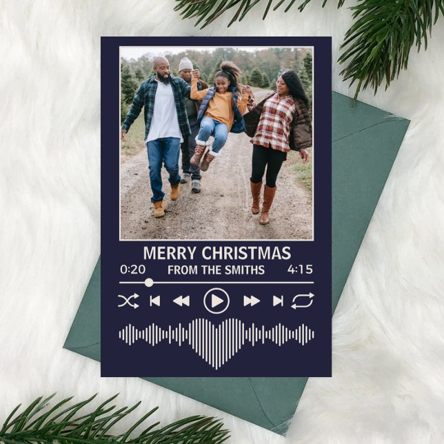 Tarjeta Festiva Streaming Music Player Photo Navidades Blue (Plum purple christmas card with music streaming theme and space for family photo)
