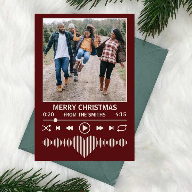 Tarjeta Festiva Streaming Music Red Player Photo Navidades (streaming music themed holiday christmas card red with place for family photo as the album art)