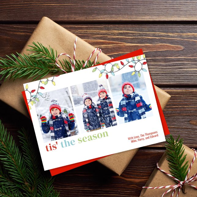 Tarjeta Festiva String Lights Christmas Photo Card Multi Photo Pho (Tis the season holiday photo card with colorful string lights)