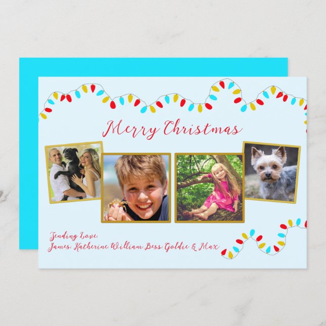 Tarjeta Festiva String of Lights Blue Christmas Four Photo (Anverso / Reverso)