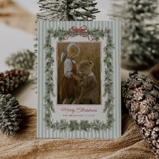 Tarjeta Festiva Stripe and Bow Christmas Photo Card Sage