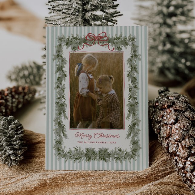 Tarjeta Festiva Stripe and Bow Christmas Photo Card Sage (Subido por el creador)