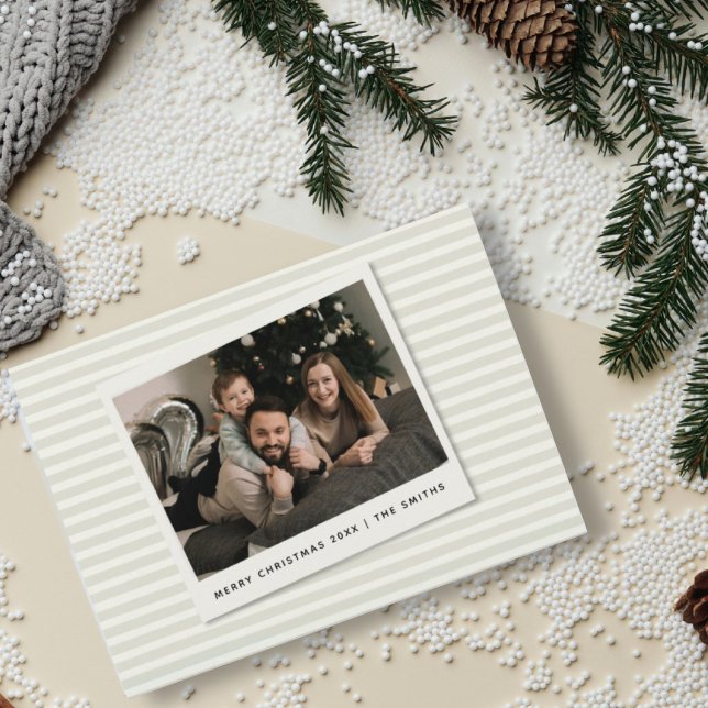 Tarjeta Festiva Striped Christmas Card with Custom Polaroid Photo  (Subido por el creador)