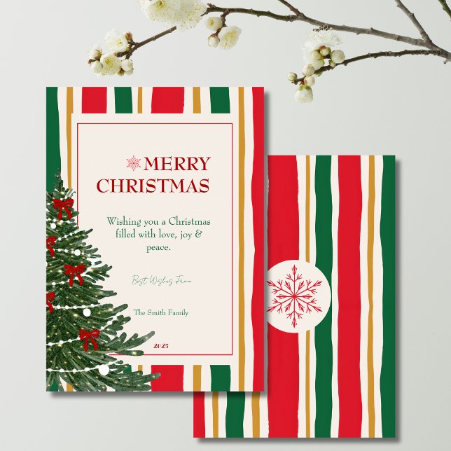 Tarjeta Festiva Striped Christmas Card with Pine Tree and Red Bows (christmas card, striped christmas card, red green yellow cream stripes, christmas tree card, festive)