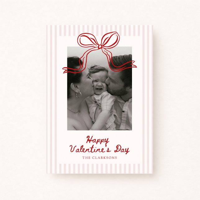 Tarjeta Festiva Striped Red Bow Valentine’s Day Photo Card (Subido por el creador)