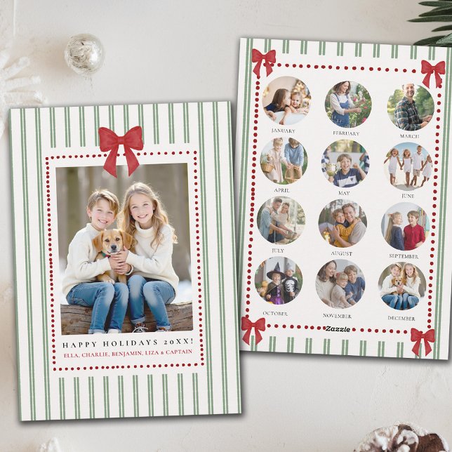 Tarjeta Festiva Stripes Bow Green Red Christmas Year Review Photos (family christmas card year in review template photos green stripes red bow watercolor trendy chic)