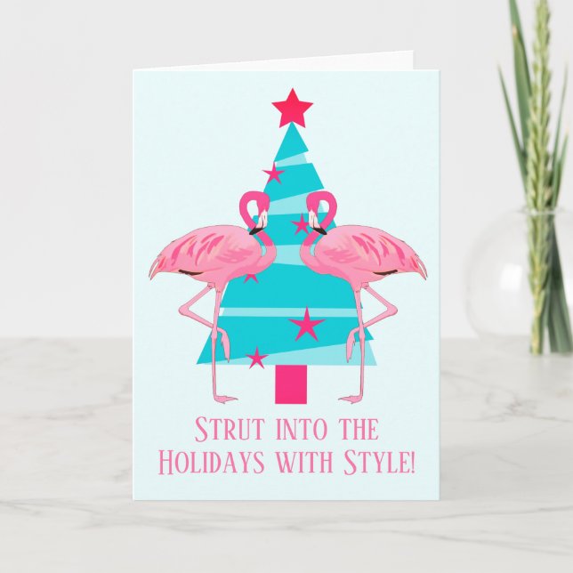 Tarjeta Festiva Strut Into the Holidays with Style Flamingos (Anverso)