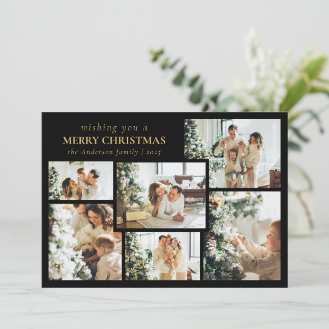 Tarjeta Festiva Stylish Black Typography Photo Collage Christmas (Anverso de pie)