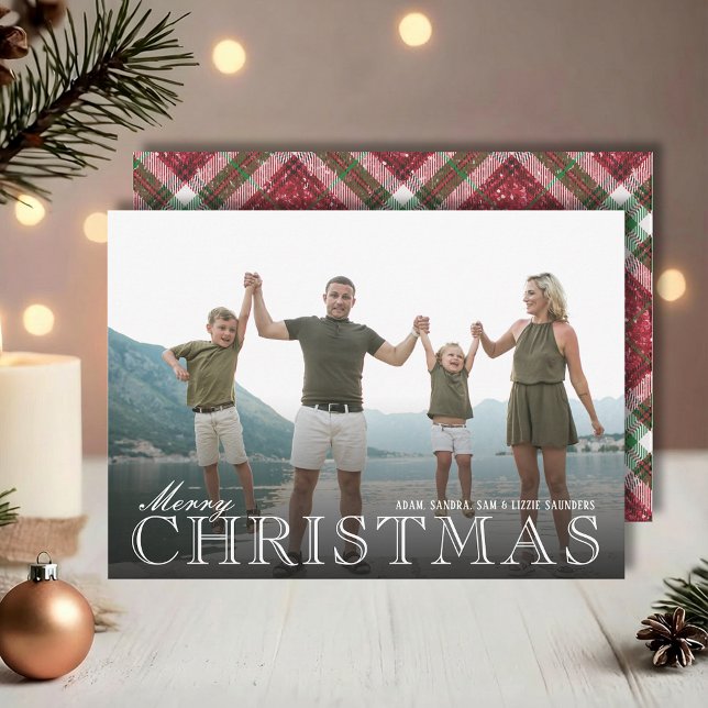 Tarjeta Festiva Stylish Christmas Plaid Photo (White Merry Christmas overlay photo cards with plaid back, PRINTED and/or INSTANT DOWNLOAD)