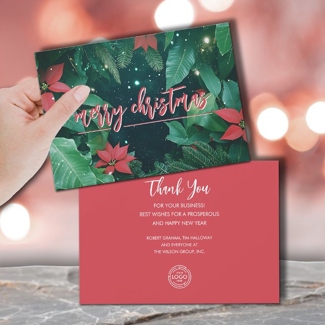 Tarjeta Festiva Stylish Christmas Poinsettias Business Logo (Merry Christmas poinsettias business logo greeting cards, PRINTED and/or INSTANT DOWNLOAD)
