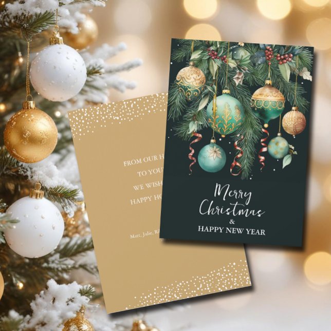 Tarjeta Festiva Stylish Christmas Tree Ornaments (Chic green and gold Christmas tree ornaments flat holiday greeting cards, message on the back)