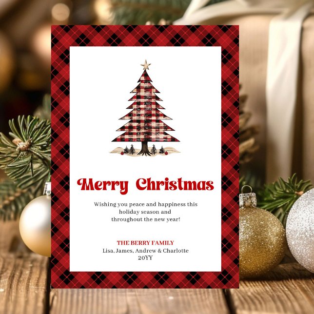 Tarjeta Festiva Stylish Red Black Plaid Christmas Tree Greeting (Stylish Red Black Plaid Christmas Tree Greeting)