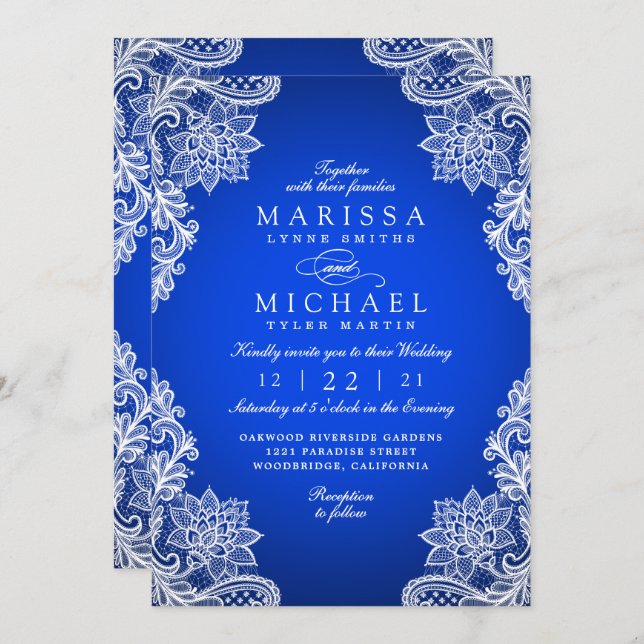 Tarjeta Festiva Stylish Royal Blue Floral Lace Wedding Invitation (Anverso / Reverso)