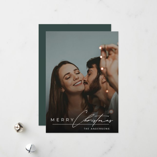 Tarjeta Festiva Stylish Script Minimalist 1 Photo Green Christmas (Anverso/Reverso In Situ)