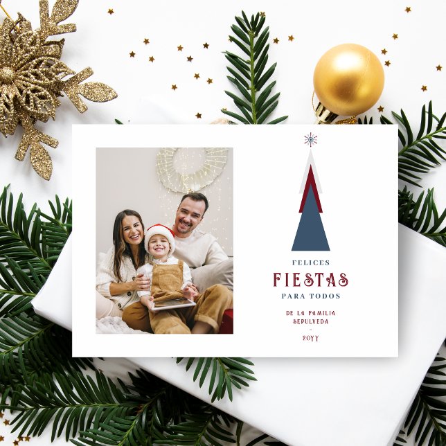 Tarjeta Festiva Stylish Spanish Colorful Christmas Tree Photo  (Spanish Modern and Colorful Christmas Card with Christmas Tree Photo,)