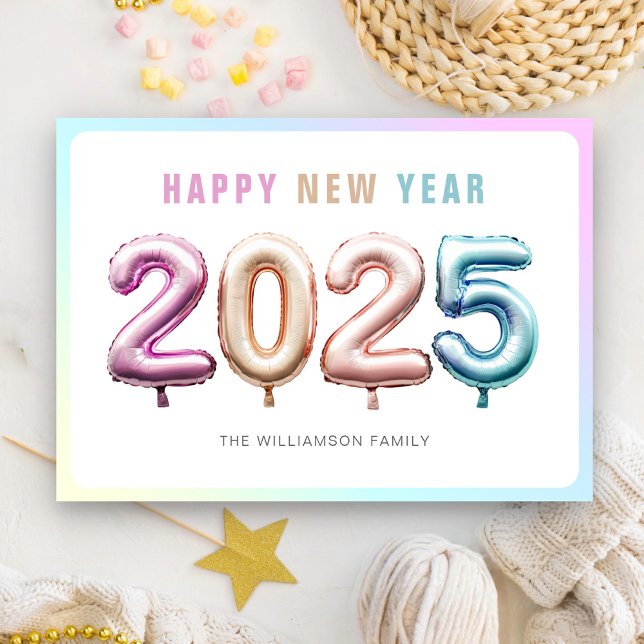 Tarjeta Festiva Suave Feliz Año Nuevo 2025 Globos Pastel Suave (Subido por el creador)