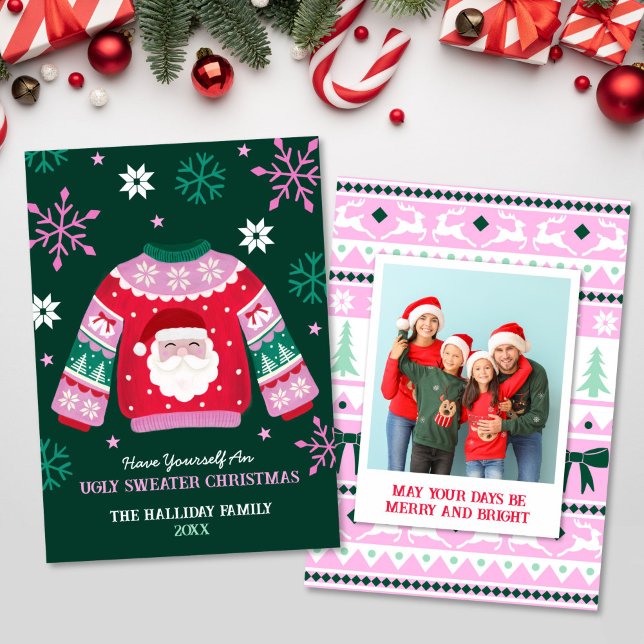 Tarjeta Festiva Suéter fea con foto de la familia Santa y Snowflak (Ugly Sweater with Santa & Snowflakes Family Photo Holiday Card)