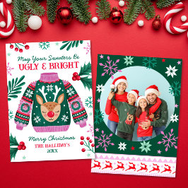 Tarjeta Festiva Suéter feo con foto de familia de renos