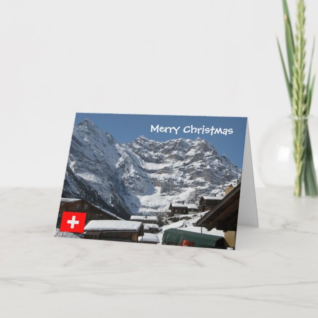 Tarjeta Festiva Suiza, pueblo bajo la montaña (Anverso)
