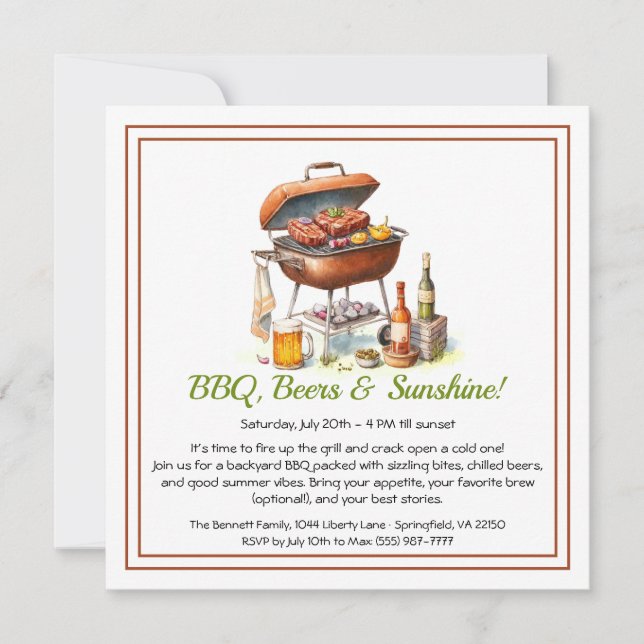 Tarjeta Festiva Summer BBQ & Beer Party Invitation – Backyard Cook (Anverso)