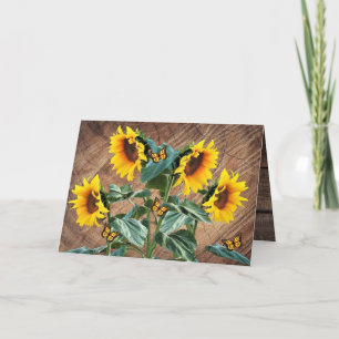 Tarjeta Festiva Sunflowers Butterflies Rustic Barn Board