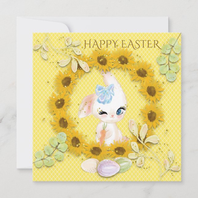 Tarjeta Festiva Sunflowers Cute Bunny Eggs Feliz Easter Yellow (Anverso)