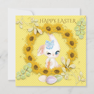 Tarjeta Festiva Sunflowers Cute Bunny Eggs Feliz Easter Yellow