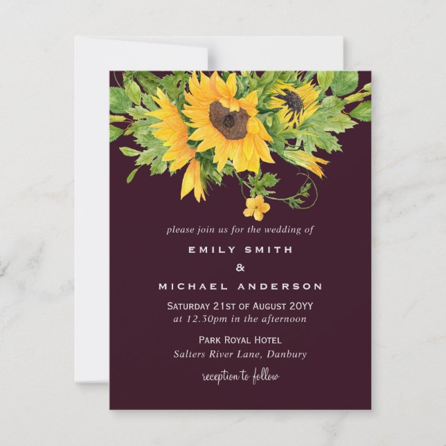Tarjeta Festiva Sunflowers Maroon Yellow Boda Invtions (Anverso)