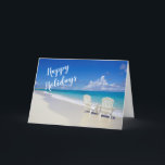 Tarjeta Festiva Sunny Beach con 2 Sillas Happy Holidays Card<br><div class="desc">¡Los Navidades más calurosos desean salir de la playa! Una bonita playa soleada con olas del océano estrellándose a lo largo de la arena. Frente al océano hay dos tumbonas blancas altas. Al otro lado del frente se puede leer, "Felices Fiestas". Echa un vistazo a los muchos diseños y estilos...</div>