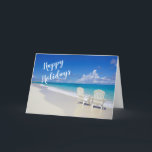Tarjeta Festiva Sunny Beach con 2 Sillas Happy Holidays Card<br><div class="desc">¡Los Navidades más calurosos desean salir de la playa! Una bonita playa soleada con olas del océano estrellándose a lo largo de la arena. Frente al océano hay dos tumbonas blancas altas. Al otro lado del frente se puede leer, "Felices Fiestas". Echa un vistazo a los muchos diseños y estilos...</div>